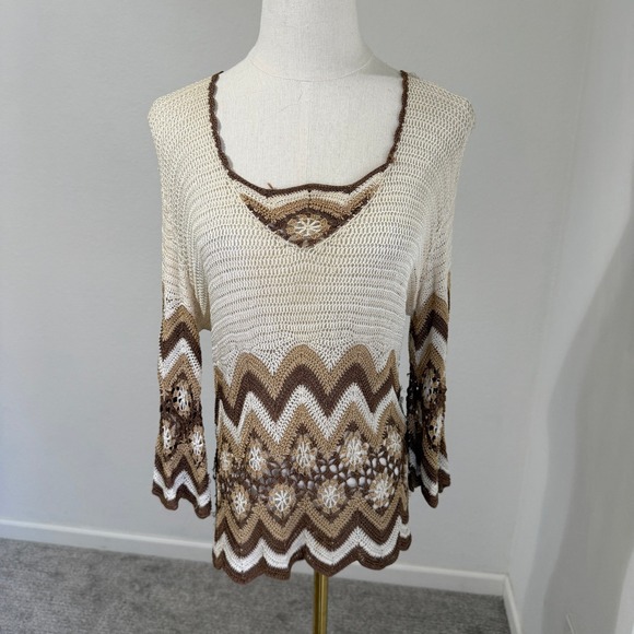 Bette & Sung Tops - Vintage Silk Blend Crochet Knit Top Sweater Bell Sleeve Cream Brown Small 70s